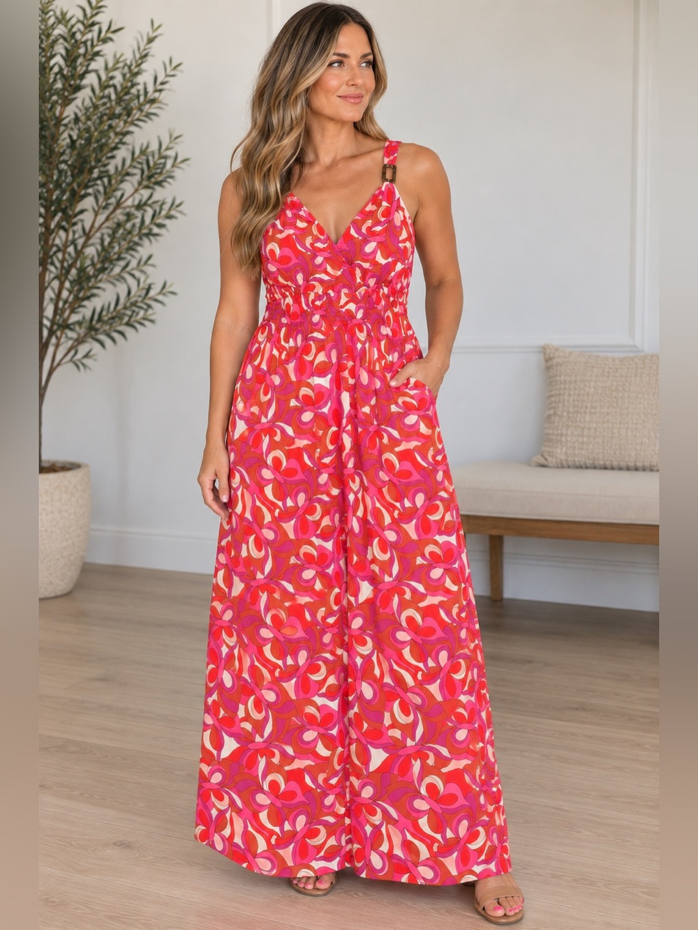Lascana Venus XL Retro Floral Maxi Dress Pink Orange Smocked V Neck Resort